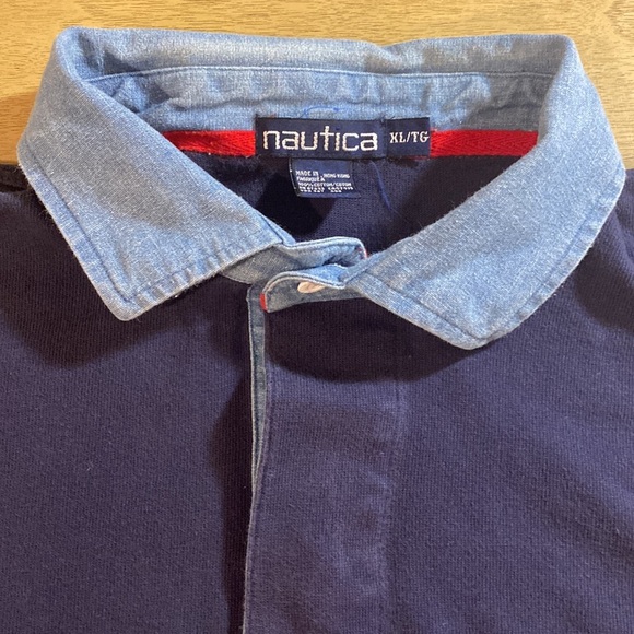 Vintage 90’s Nautica Long Sleeve Denim Collar Pullover Polo Shirt - Picture 3 of 7